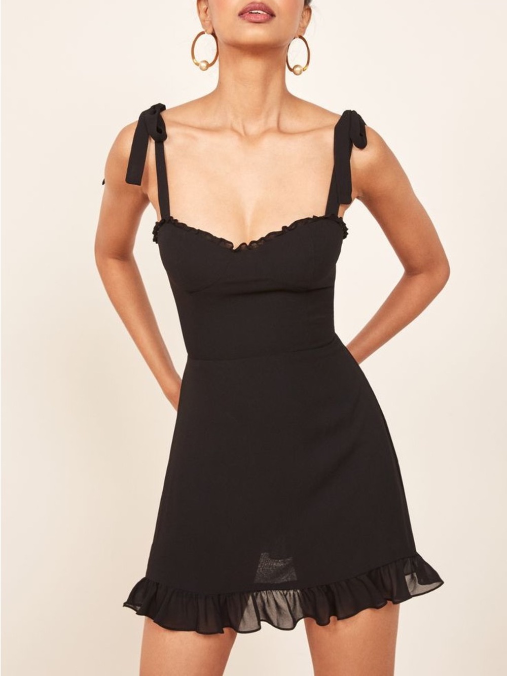 Reformation Christine Dress Black Mini Ruffle Tie Sweetheart